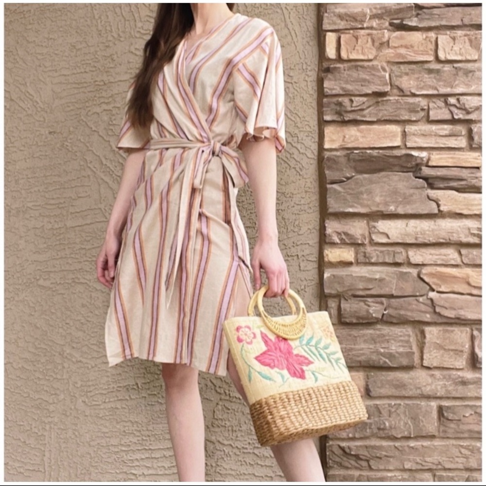 LINEN BLEND STRIPE WRAP KIMONO DRESS